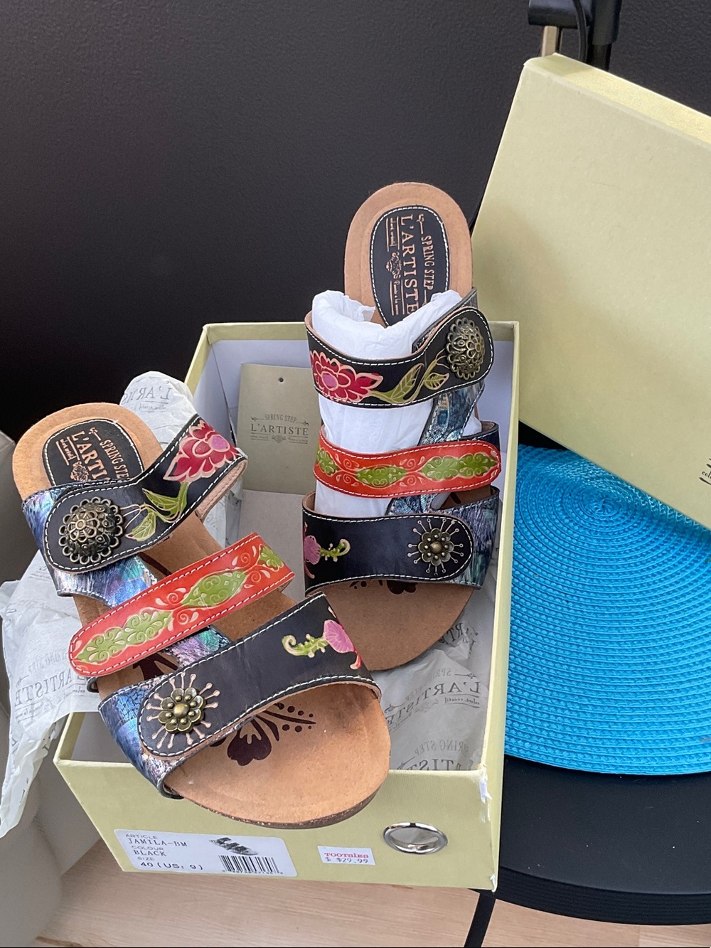L'ATISTE women’s Black Sandals with Red, Green & Pink Floral Straps